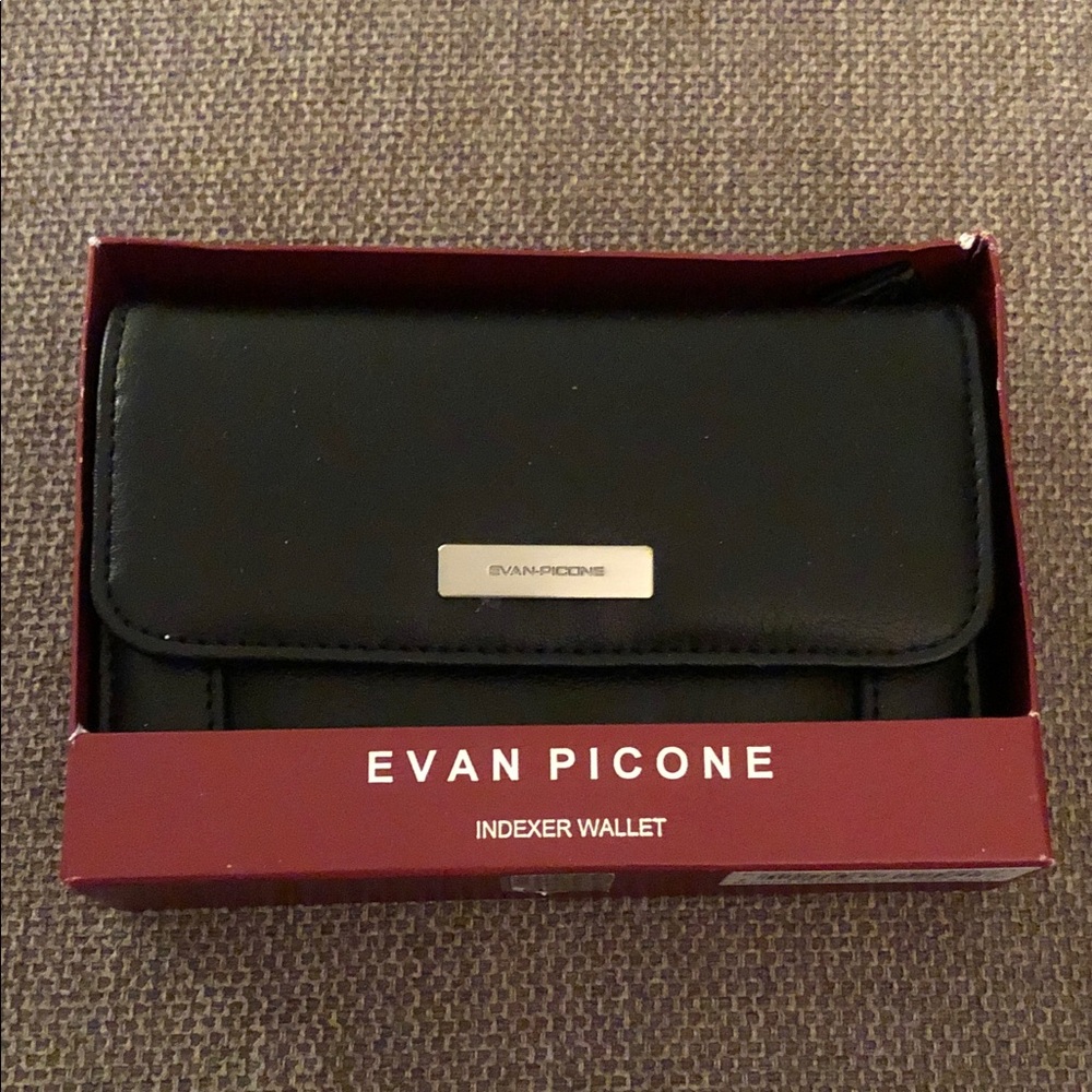 Evan Picone Black Leather Flap Wallet with Metal Plaque